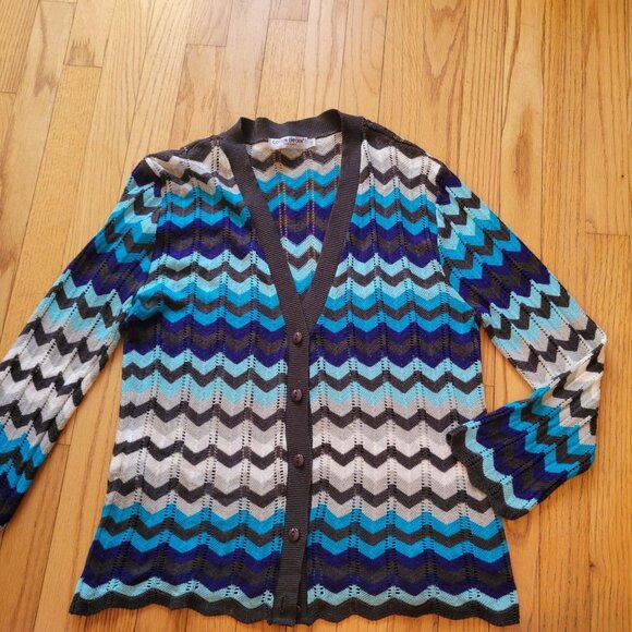 Chevron Pattern Cardigan Sweater 1x By Cotton Emporium Acrylic Knit Blue/Gray - Picture 2 of 6